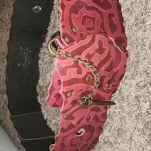 Okie dokie red print wide real leather embossed obi belt SIZE LARGE